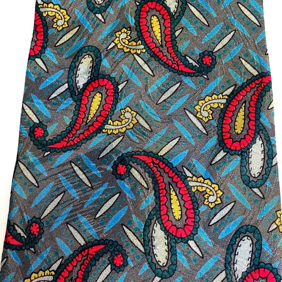 Vintage Karl Lagerfeld Luxury Designer Tie Collectors Item Teal Gray Red Yellow - Picture 7 of 9